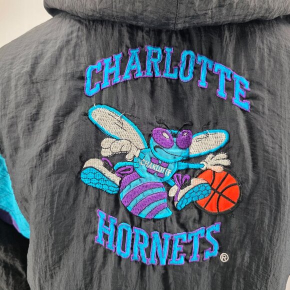 VTG 90s NBA CHARLOTTE HORNETS STARTER PUFFER JACKET PULLOVER SIZE L BLACK - Picture 9 of 15